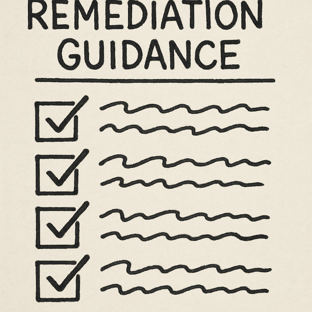 A vague checklist with scribbles instead of actual words Header says Remediation Guidance