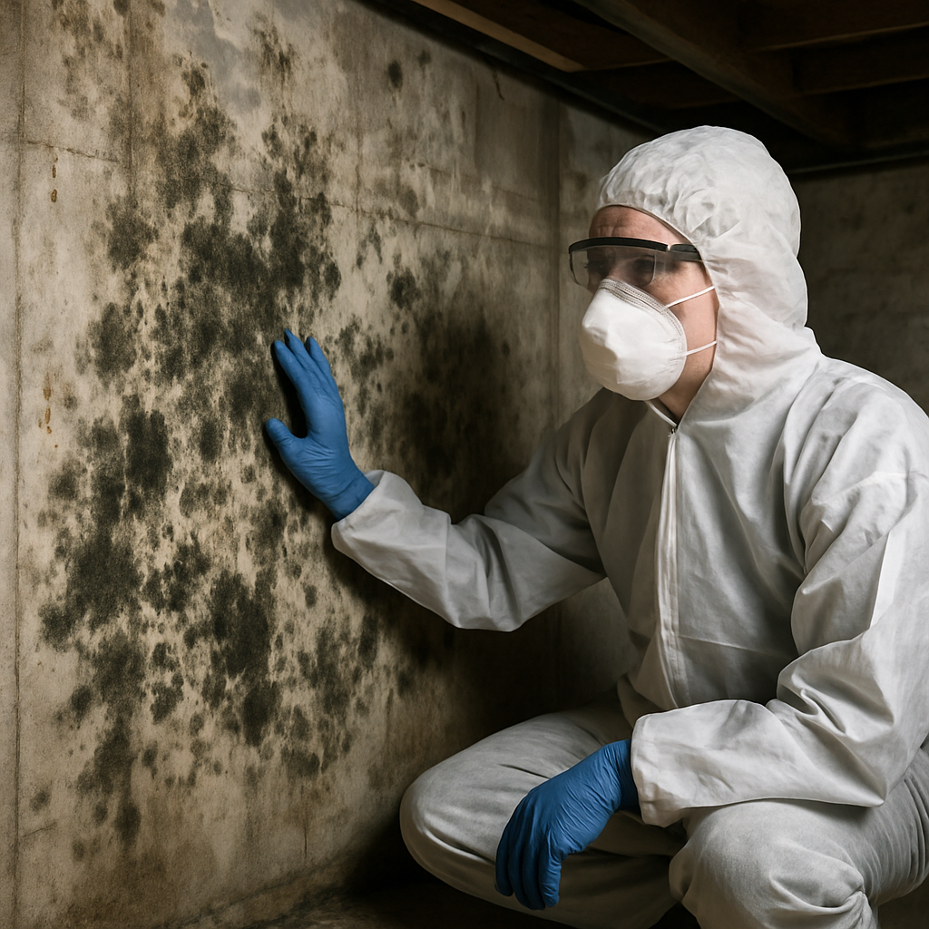 Mold in a home basement Ensure that if you include a person in the image that they are wearing PPE mask gloves etc